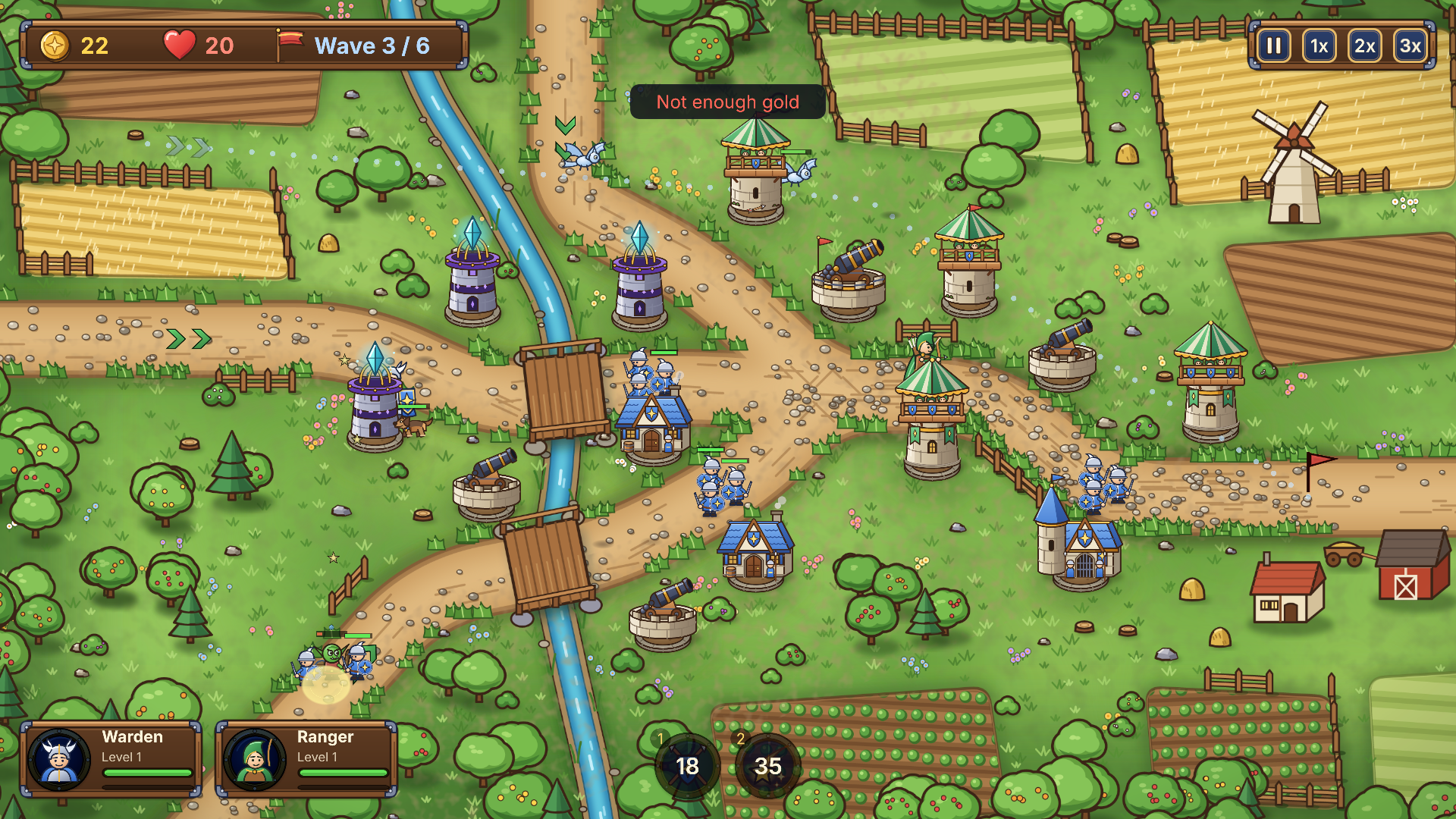 A sample battle with two compact hero cards, towers and spell buttons