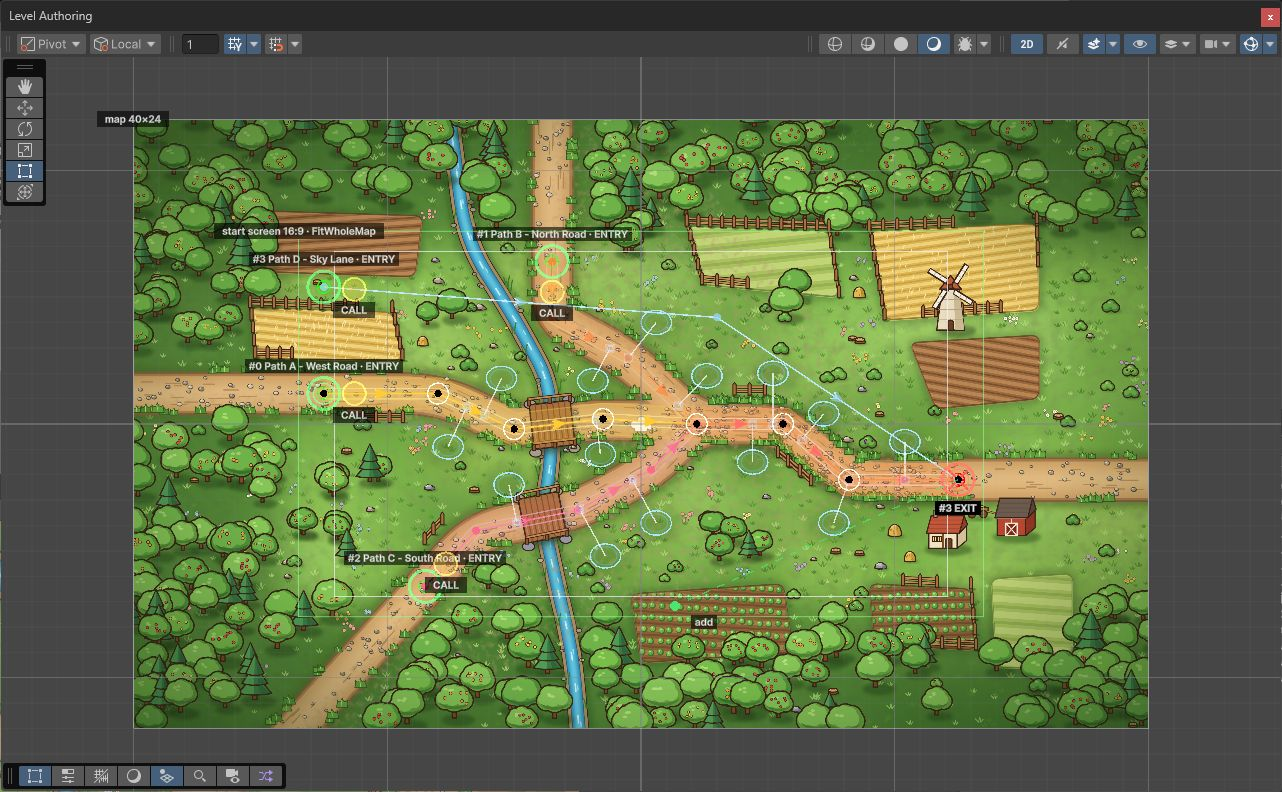 Scene view with editable paths, entrances, exits and construction slots