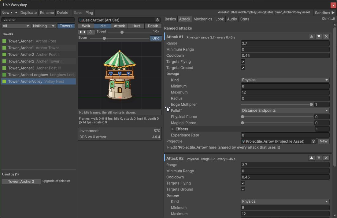 Unit Workshop with an archer tower, attack settings and sprite preview