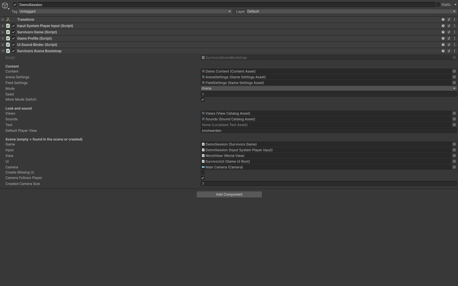 Scene bootstrap with content, catalogs and Seed settings.