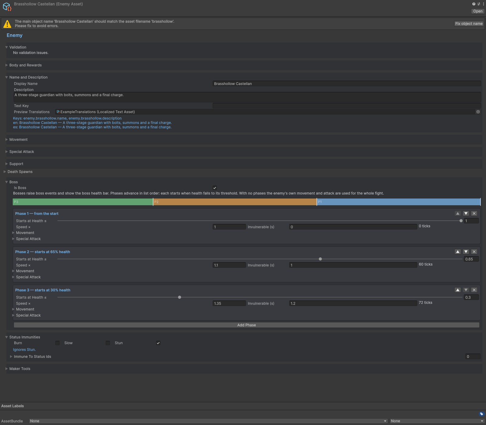 Enemy inspector with boss phases and wave-scaled previews.