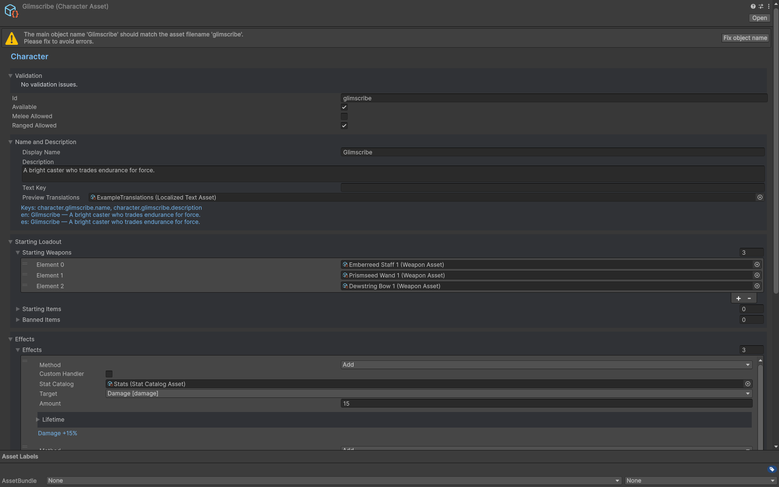 Character inspector with starting loadout and effects.