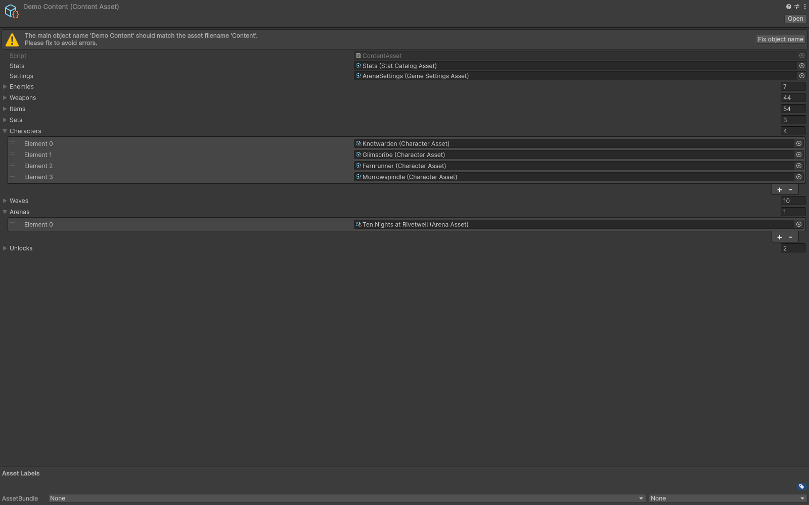 Content registry linking settings, stats and authored assets.