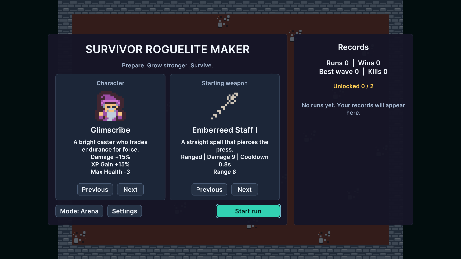 Demo menu with Arena and Field modes.
