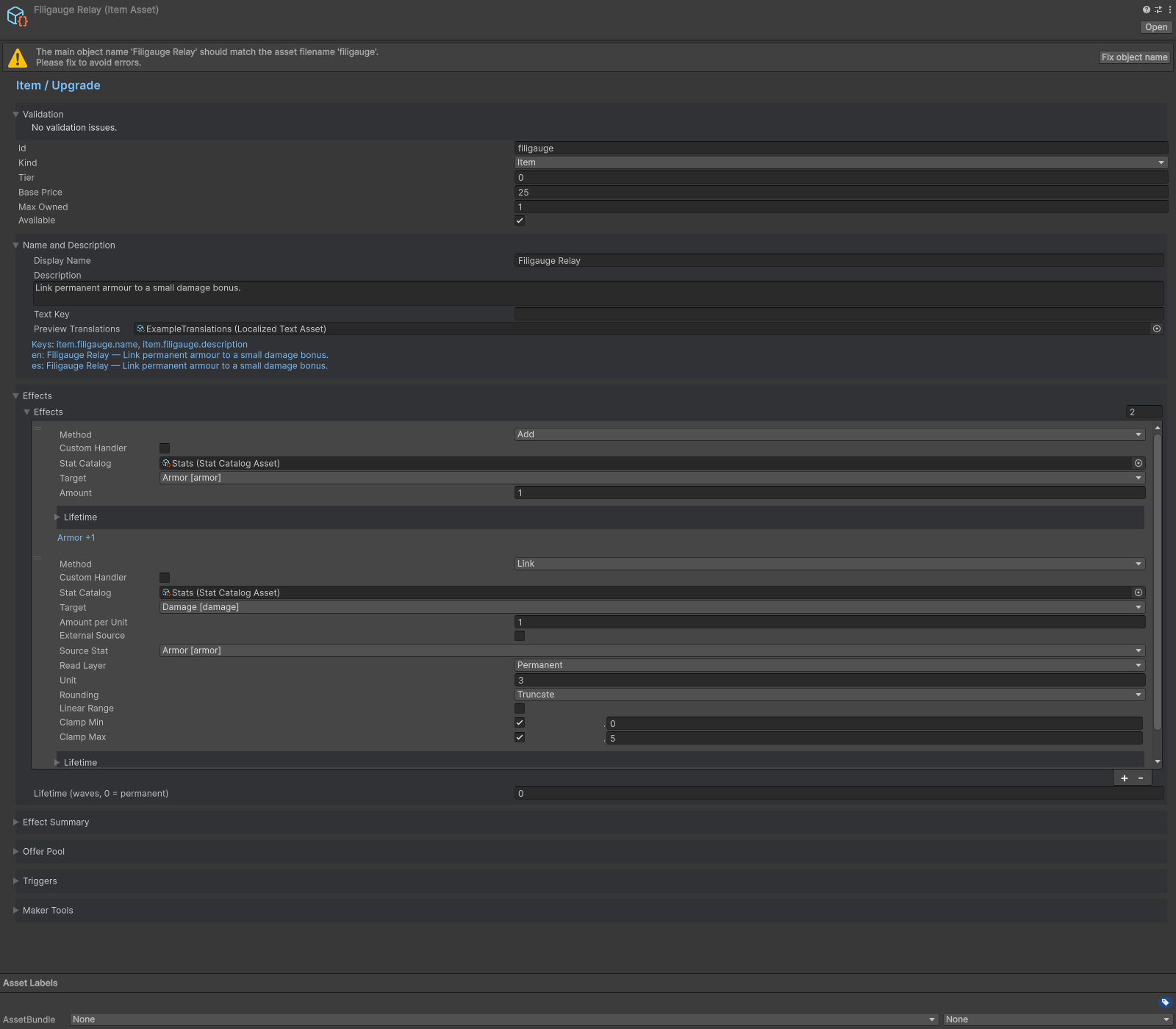 Item inspector with Link effect source and scaling fields.