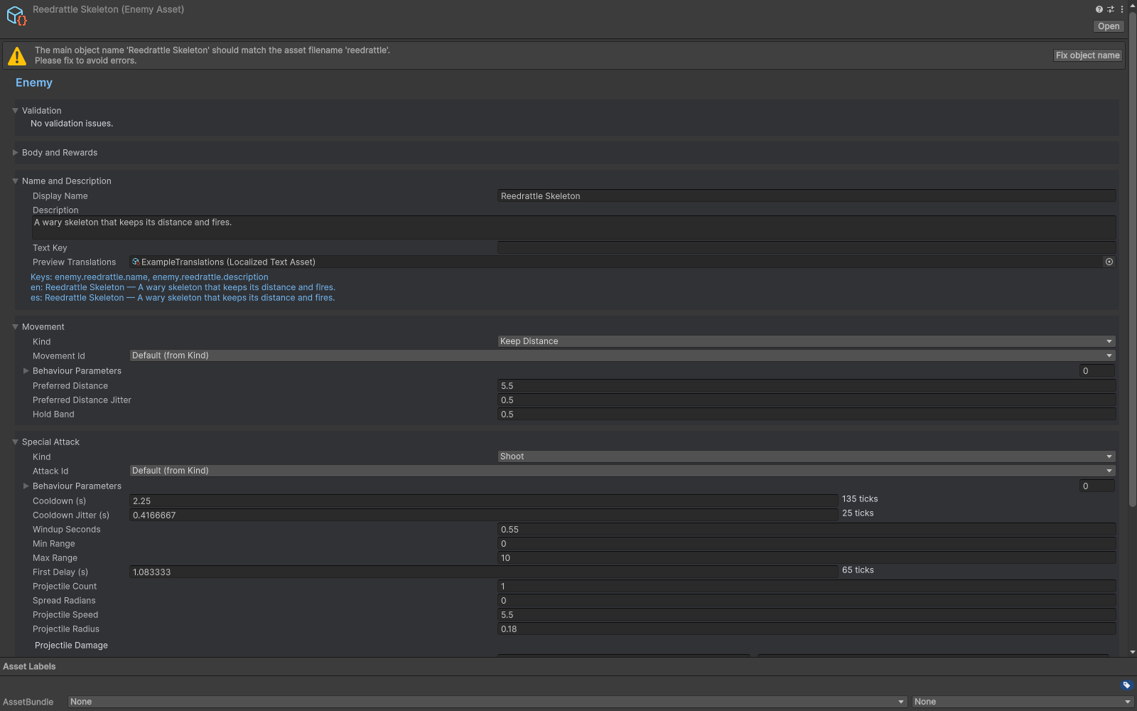 Enemy inspector with movement, special attack and scaled combat fields.