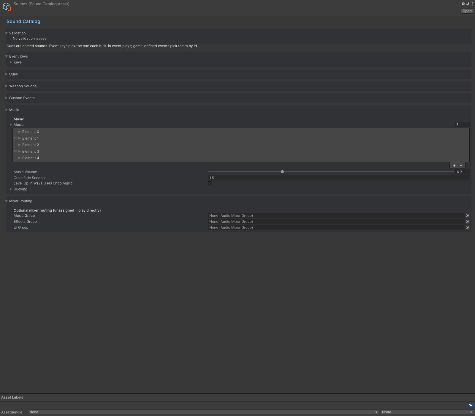 Sound Catalog with cues, event mappings and music contexts.