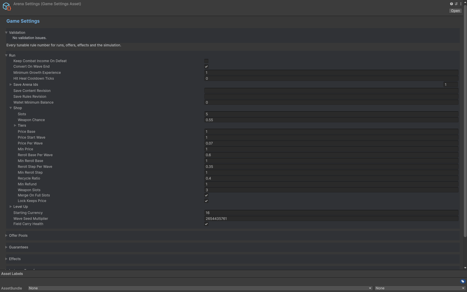 Game Settings inspector with Run rules.