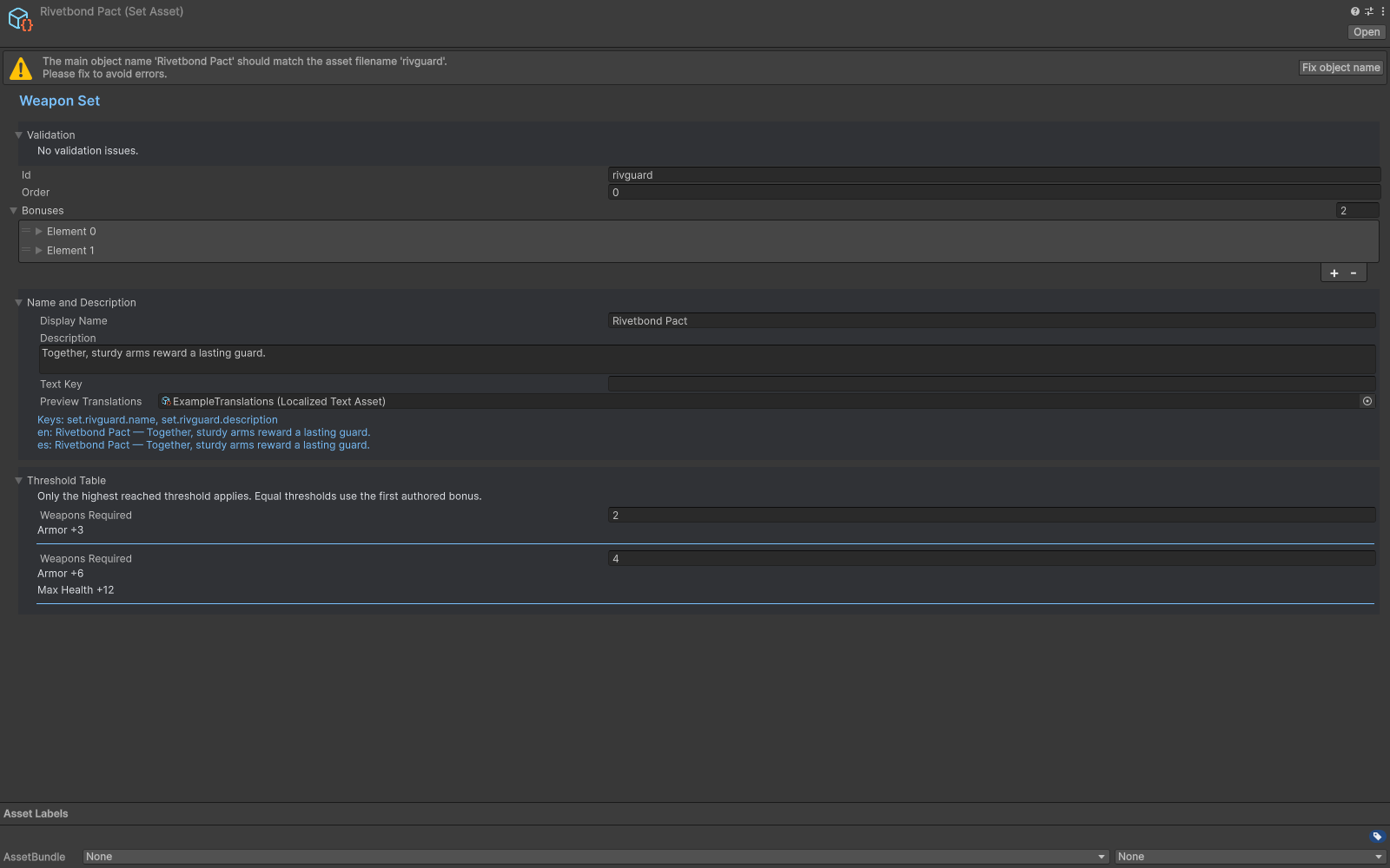 Weapon Set inspector with its threshold table and bonuses.