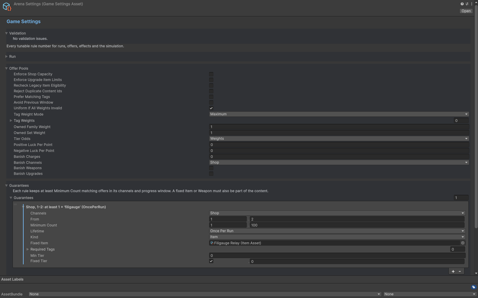 Game Settings inspector with pool eligibility and guarantee rules.