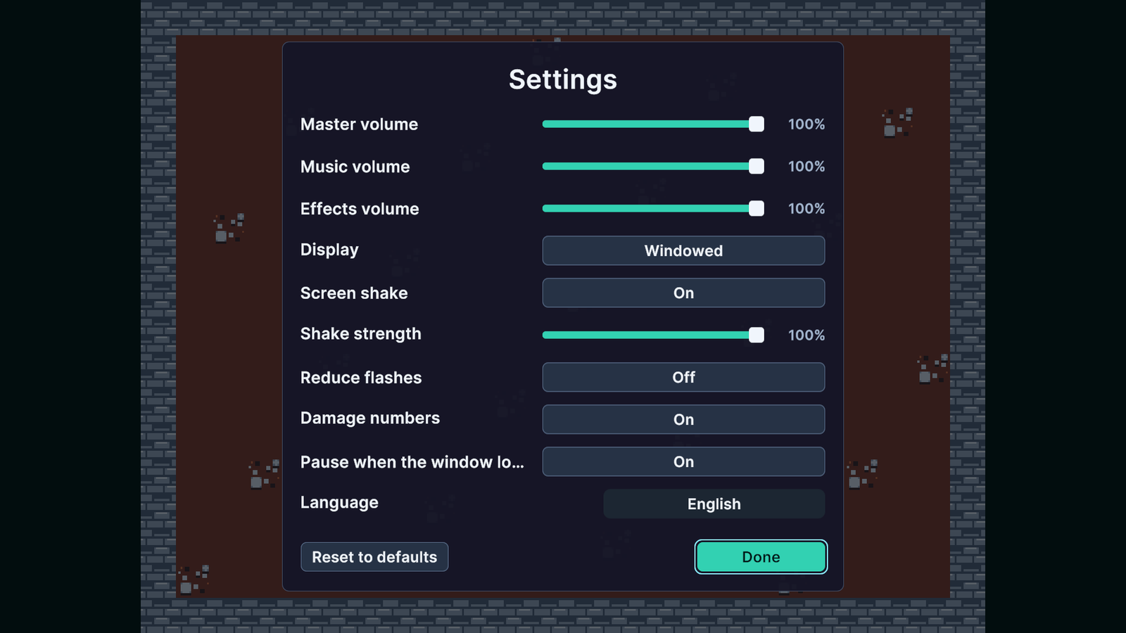 In-game Settings screen with audio, display and feedback controls.