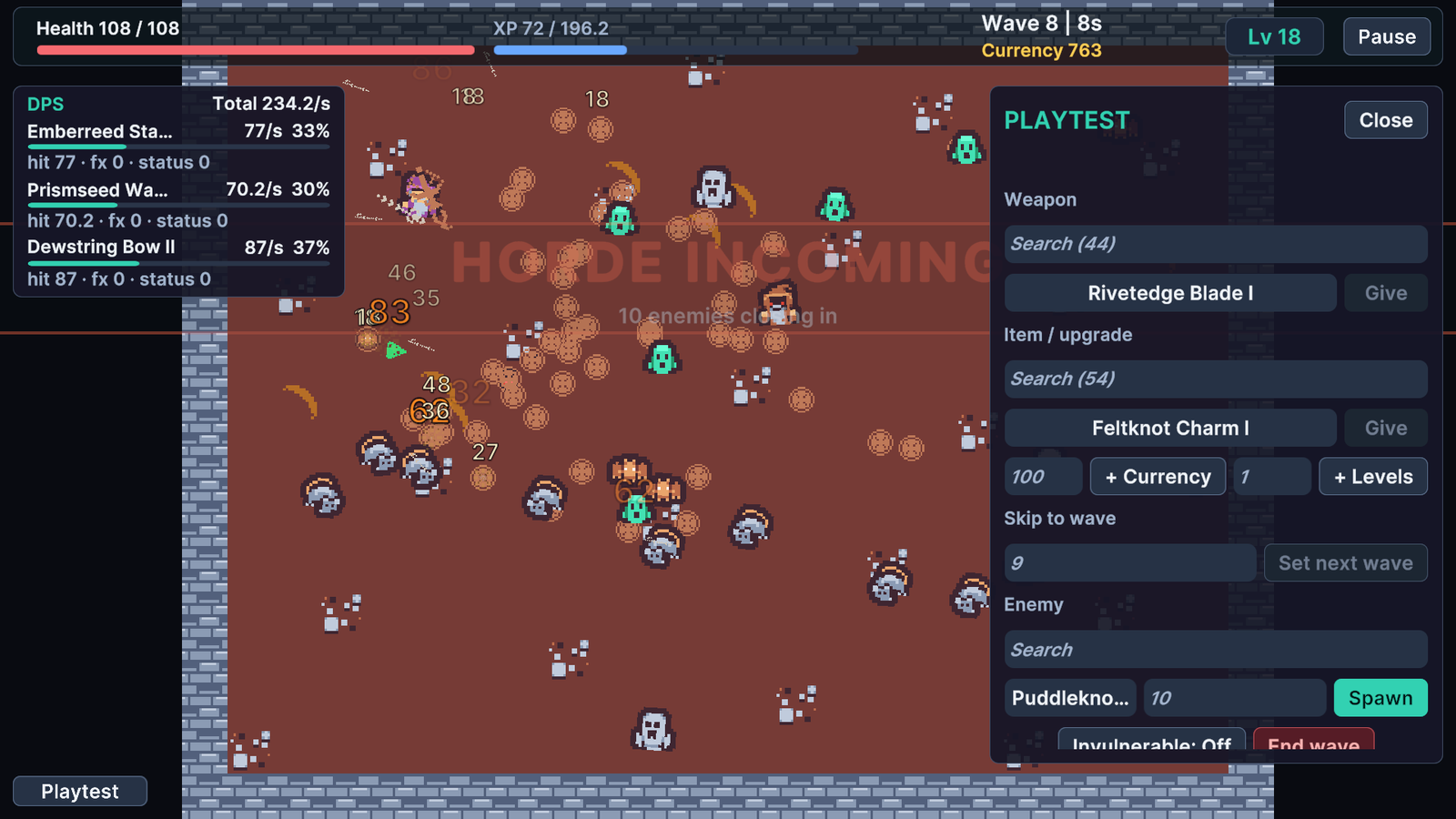 Playtest panel and DPS meter during an active wave.