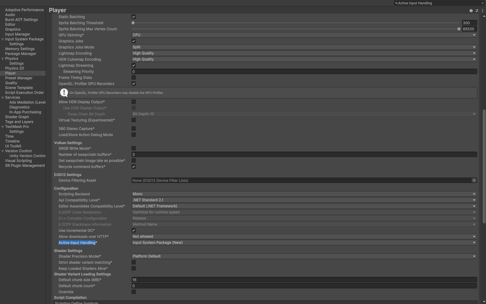 Player settings with Input System Package selected for Active Input Handling.
