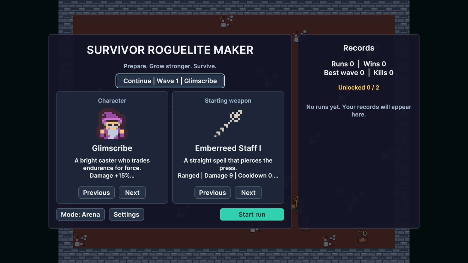 Main menu offering Continue for a saved run.