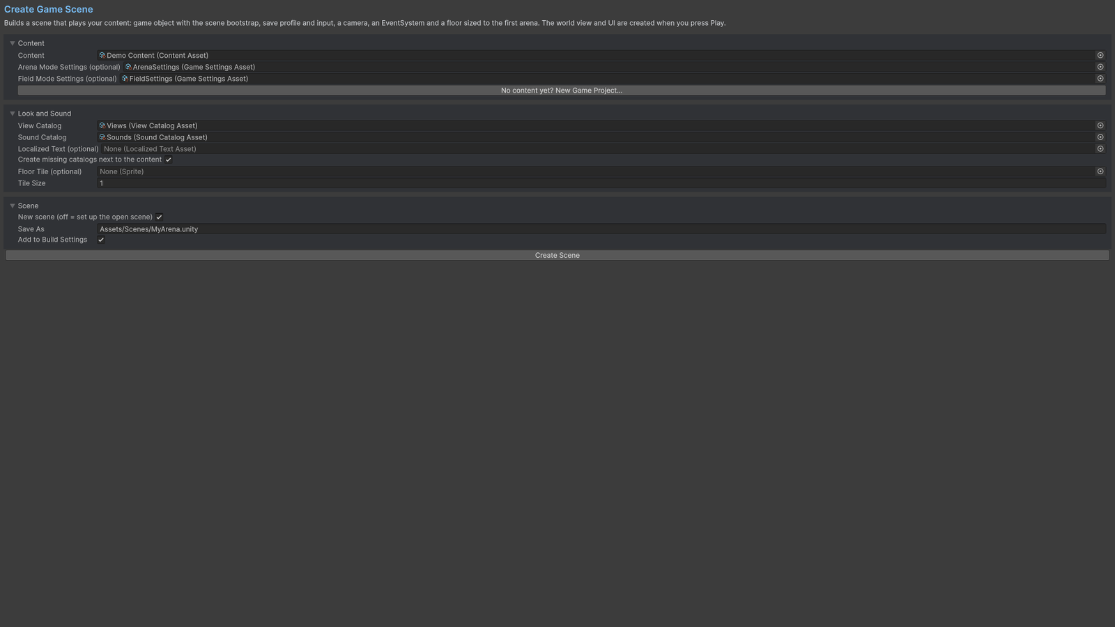 Create Game Scene wizard with content, catalogs and output paths.