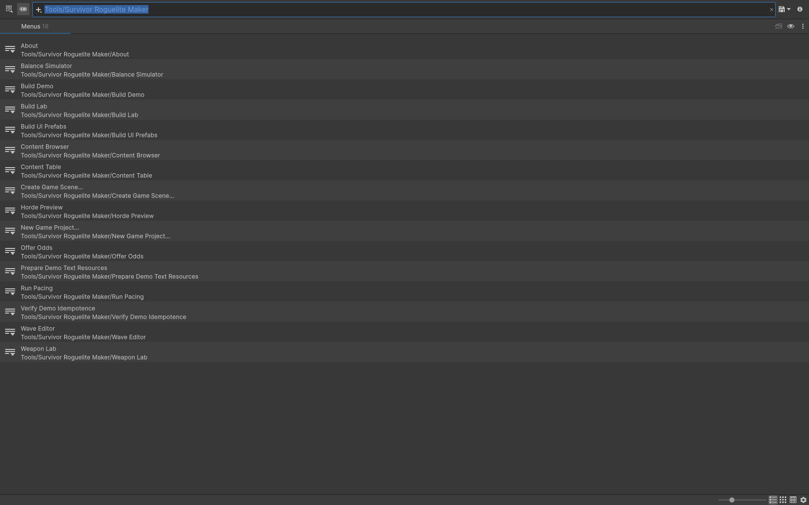 Unity Search listing the Survivor Roguelite Maker tool commands.