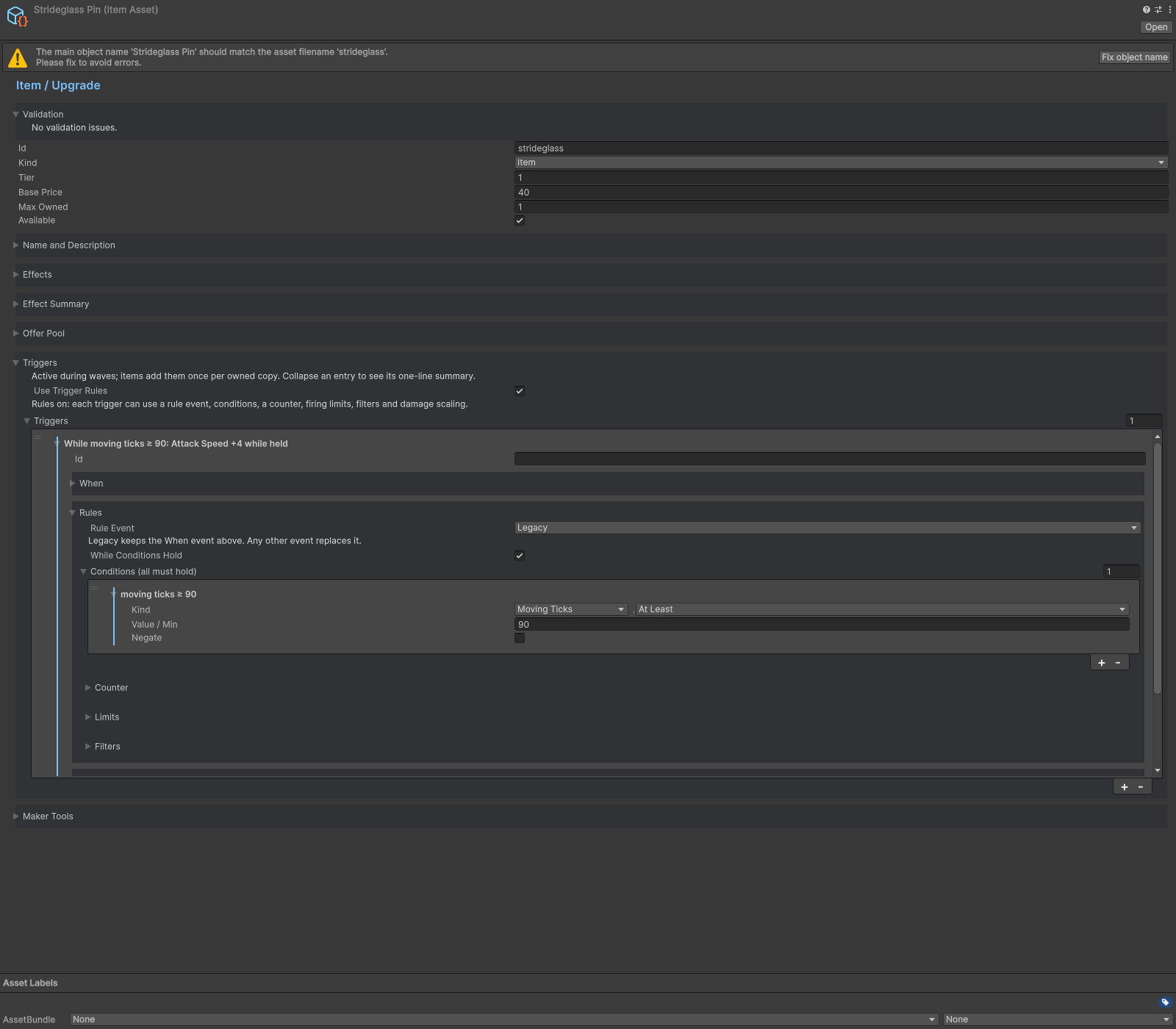 Item inspector with trigger event, action and condition fields.