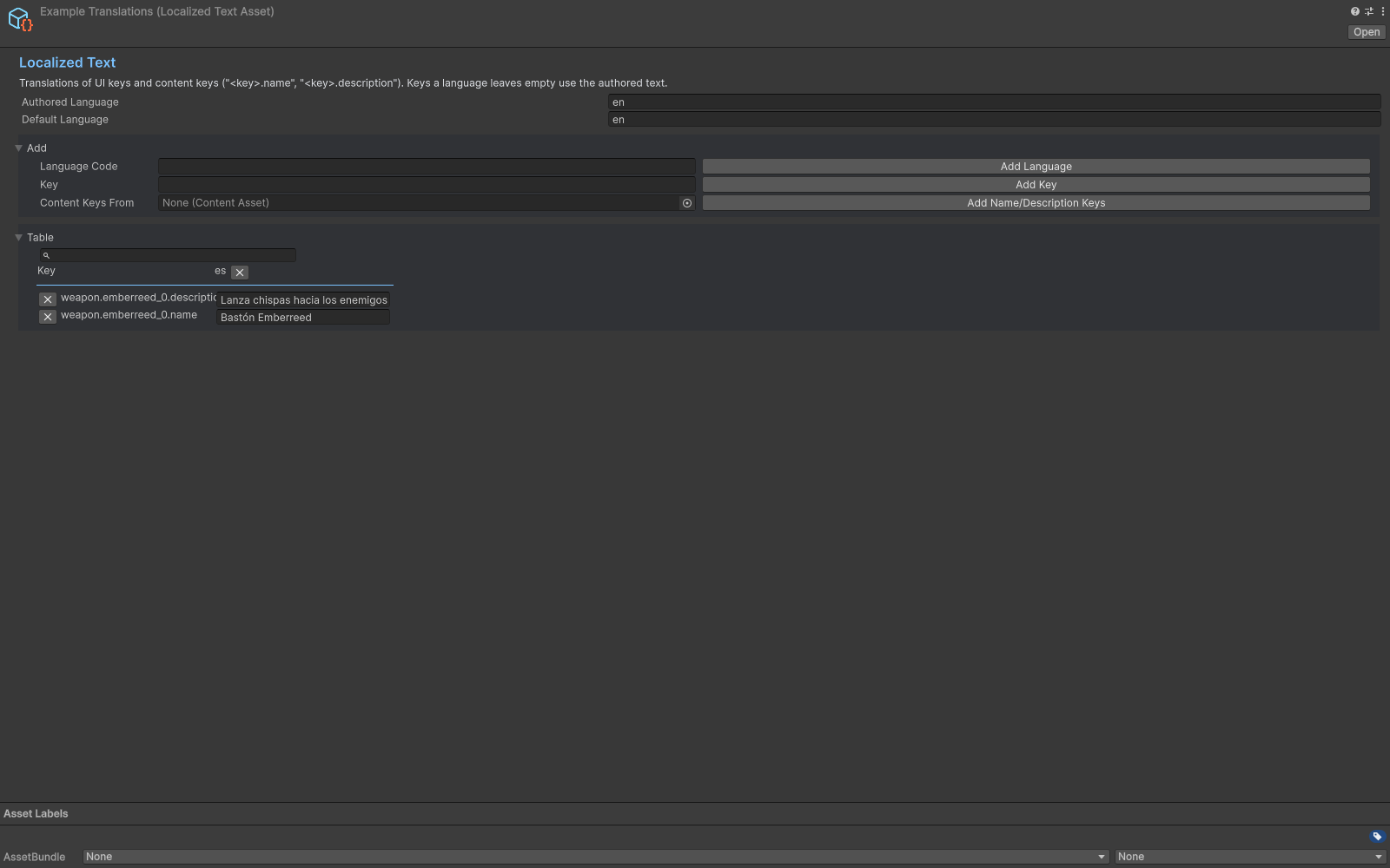 Localized Text asset with English and Spanish text entries.