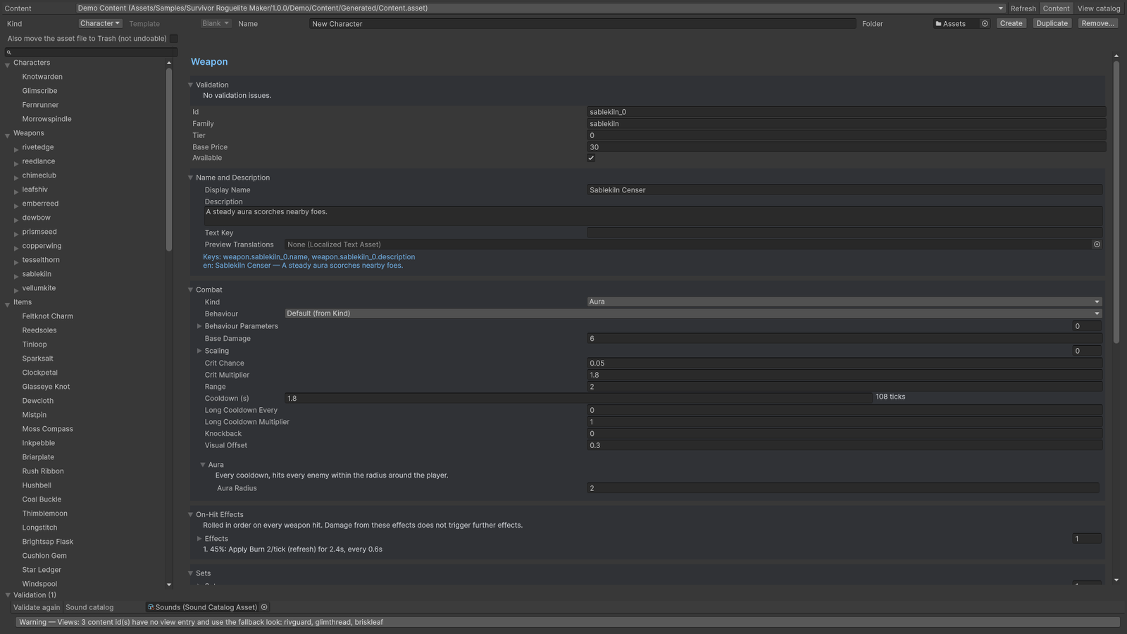 Content Browser displaying the selected asset and validation results.