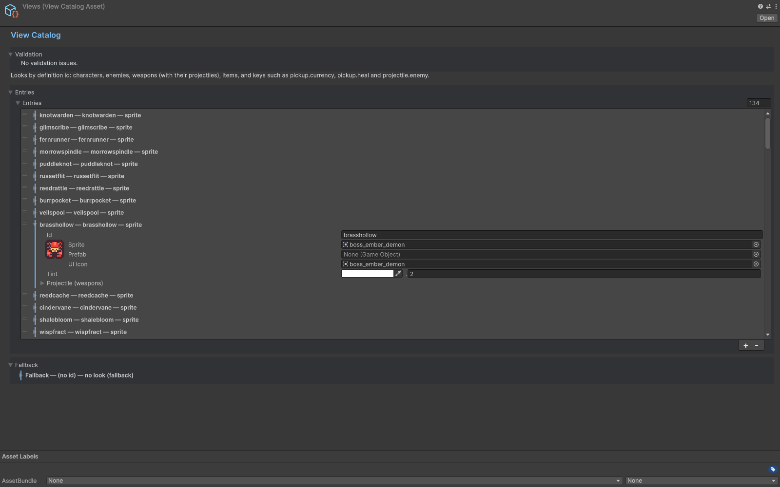 View Catalog mapping definition ids to sprites and prefabs.